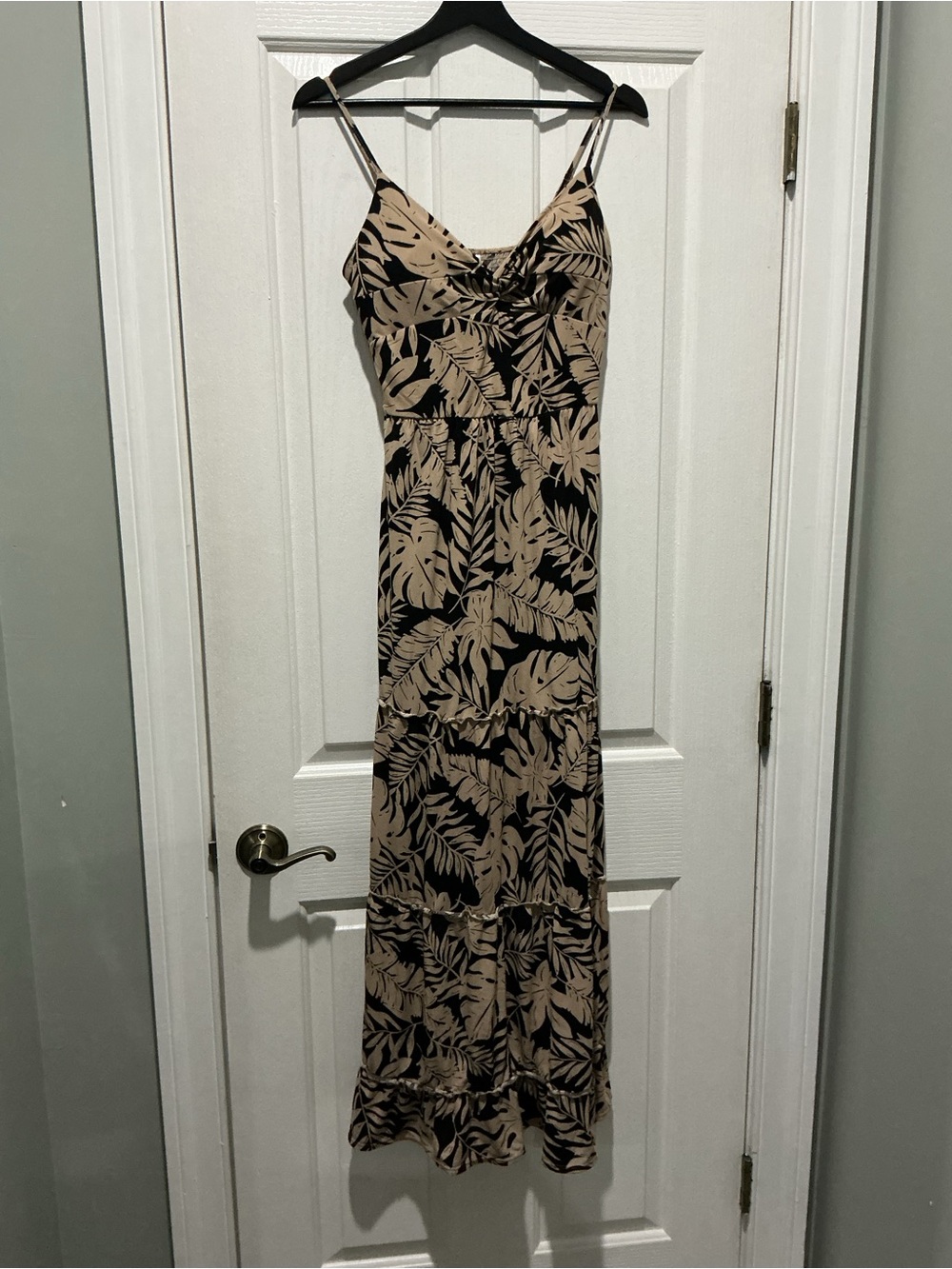 No Boundaries Black and Tan Leaf Print Maxi Dress